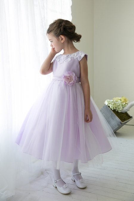 Lilac Satin Embroidered Lace and Tulle Skirt Flower Girl Dress